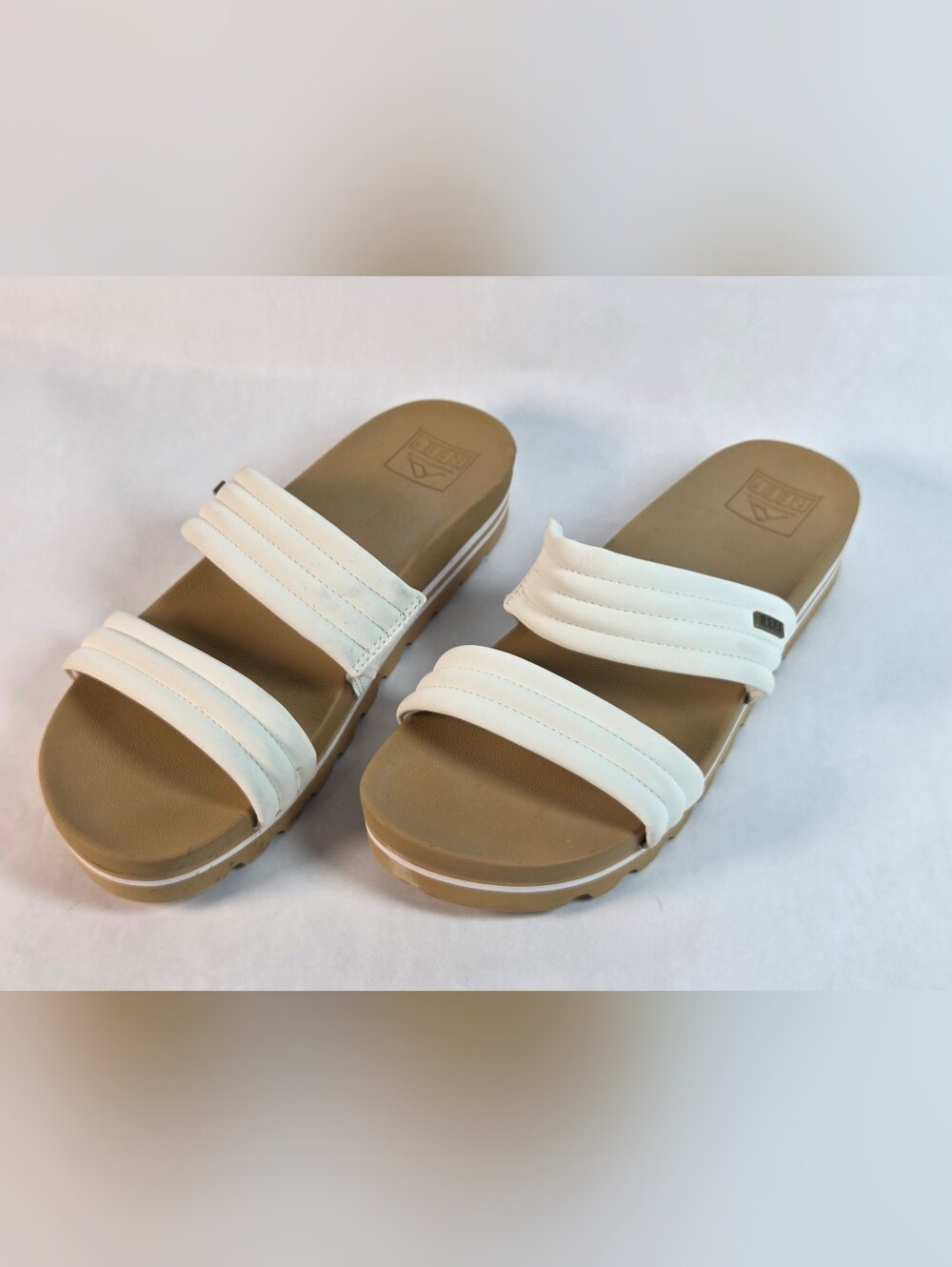 Reef White Double-Strap Slide Sandals with Tan Footbed